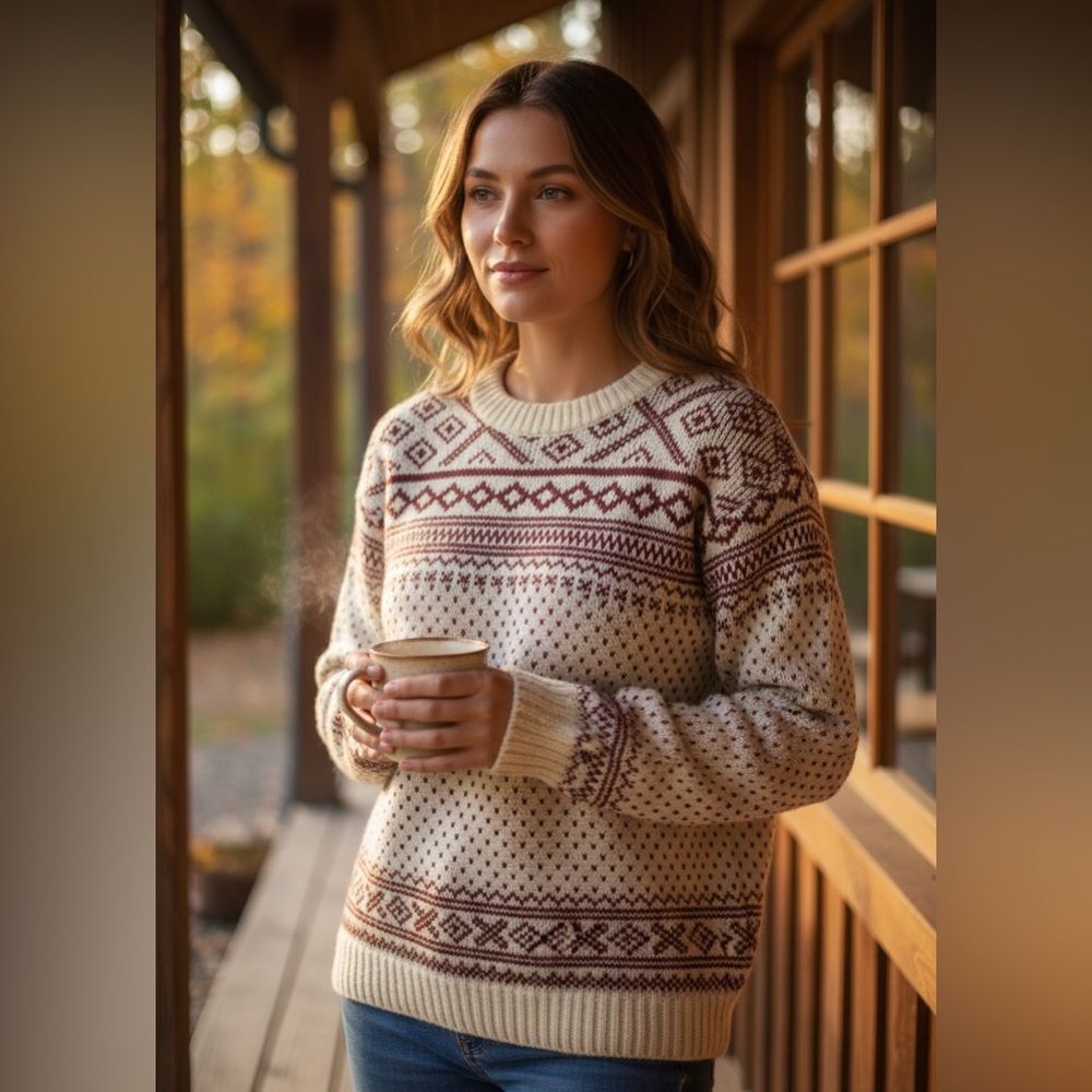 Alps Rugged Outdoors Cream Vintage 100% Pure Wool Nordic Fair Isle Sweater Sz M